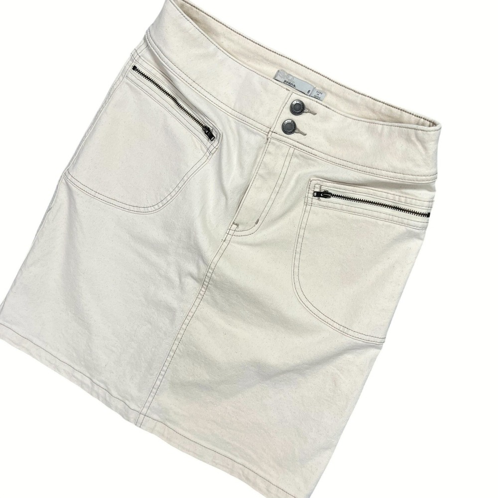 Prana Womens Cream Off White Denim Utility Mini Skirt 6 Cargo Pockets Gorpcore